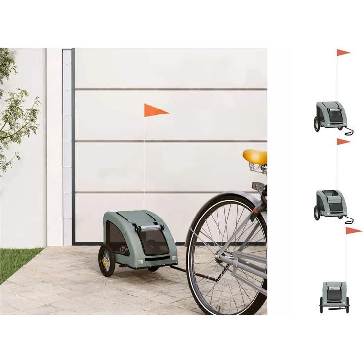 vidaXL Hunde-Transportbox Fahrradanhänger Grau Oxford-Gewebe und Eisen, Reflektoren und Flagge für sicheres Fahren – Bild 1