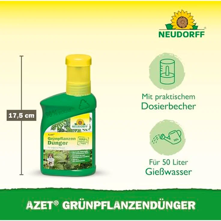 Neudorff Azet GrünpflanzenDünger, 250 ml Bio Dünger für 50L Gießwasser, 100 % organisch und vegan, für schnelles Wachstum und tiefgrüne Blätter aller Grünpflanzen und Palmen, mit Dosierbecher – Bild 3