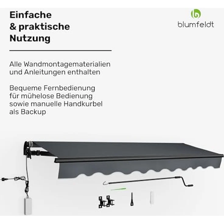 Blumfeldt CloudShade Markise, 3m elektrische Gelenkarmmarkise mit App & Fernbedienung, UV 30+ & Regenschutz, neigungswinkelverstellbar, Aluminiumrahmen, Wandmontage, 295x250 cm, Dunkelgrau – Bild 5