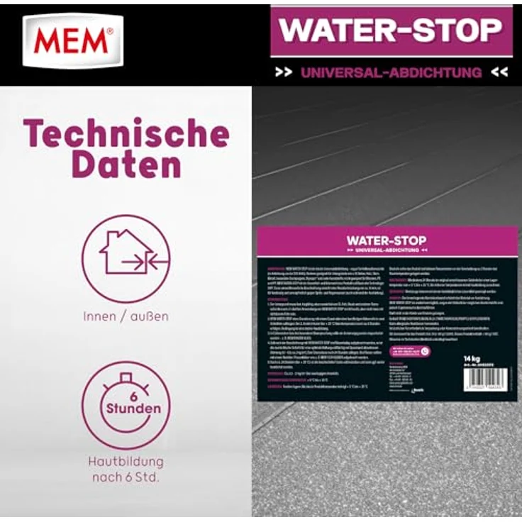 MEM Water Stop, Universalabdichtung und Feuchtigkeitssperre, für Innen- und Außenanwendung, Lösemittel-, silikon- und bitumenfrei, Grau, 14 kg – Bild 3