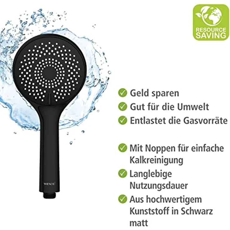 WENKO Handbrause Watersaving, Schwarz matt, Ø 11 cm, Nachhaltige Duschbrause mit Regen-, Massage- und Intensivfunktion – Bild 4