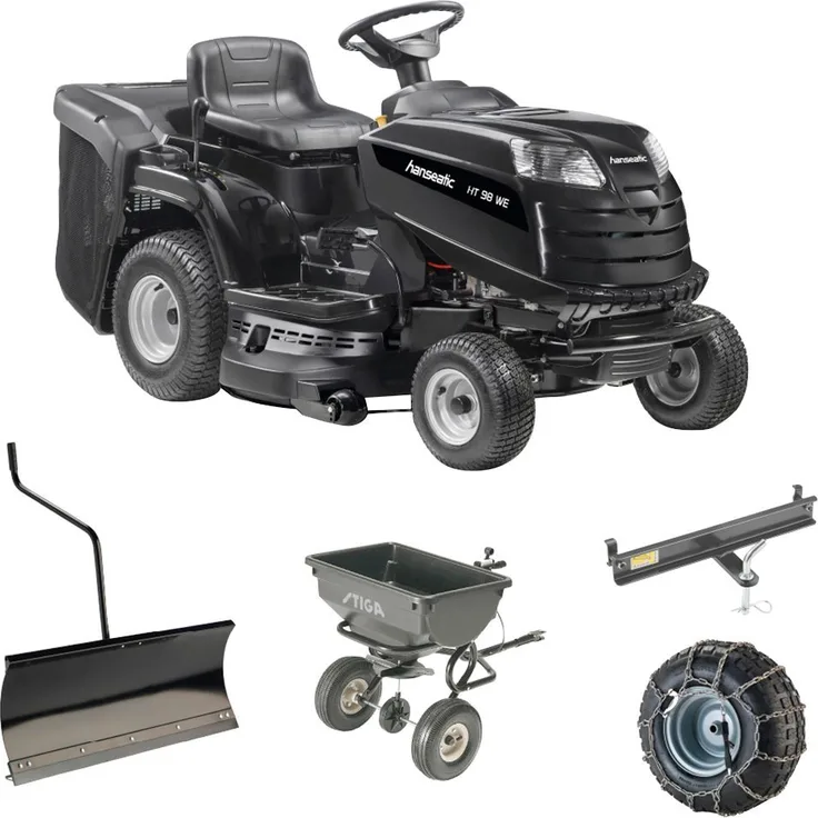 Hanseatic Rasentraktor HAT 98 Winteredition, 98 cm Schnittbreite, Set mit Anhängerkupplung, Streuanhänger, Schneeschild und Schneeketten, schwarz