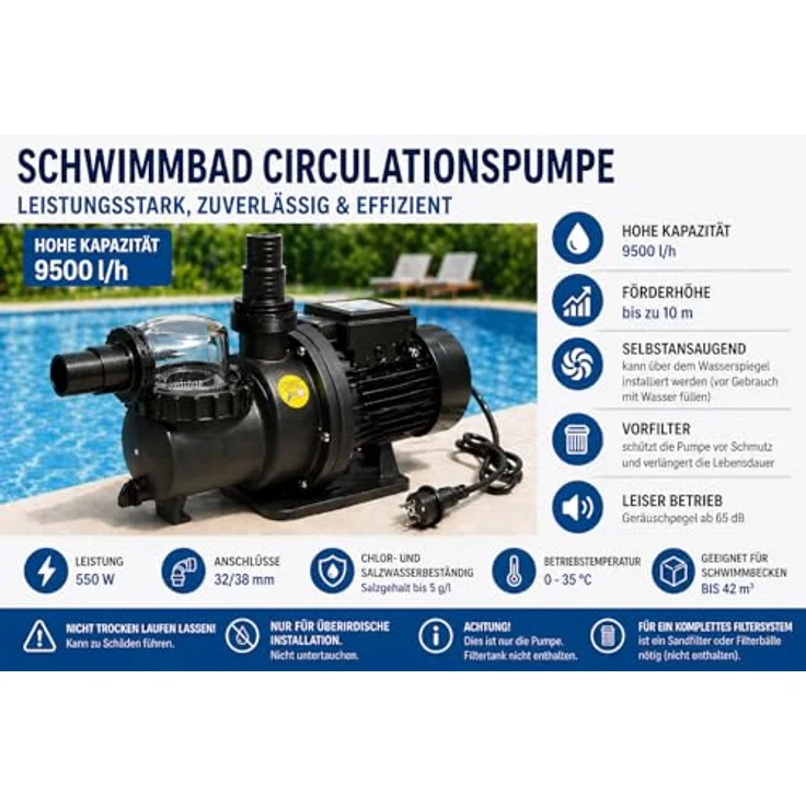 COIL Filterpumpe Poolpumpe, Selbstansaugende Umwälzpumpe mit 7000-12000 l/h, Vorfilter 250-600 W, IPX5, 230V/50Hz – Bild 3