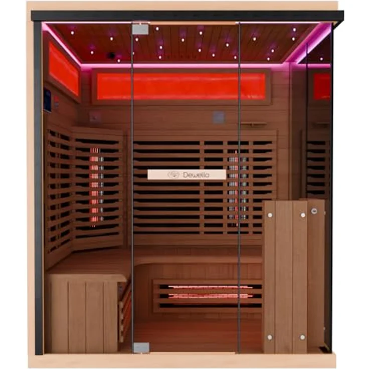 Dewello Sauna KENORA 160 Wärmekabine, 2-3 Personen, 6 Vollspektrumstrahler, (LED-Farblichttherapie inkl. Ionisator mit Ozondesinfektion und Aromatherapie, inkl. Ionisator mit Ozondesinfektion und Aromatherapie, Bluetooth & FM) – Bild 5