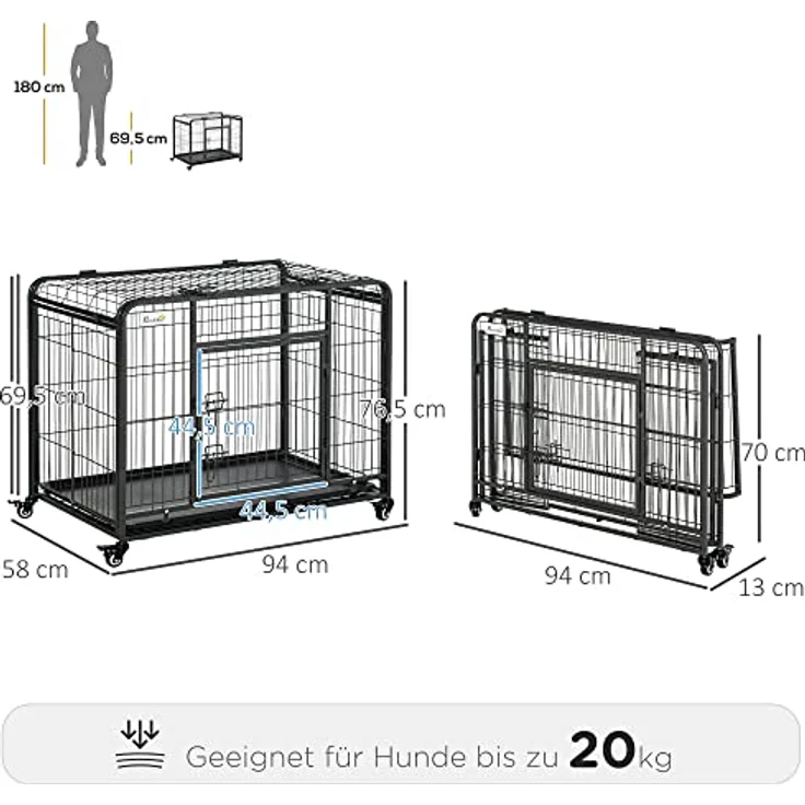 PawHut Transportbox Faltbarer Transportkäfig mit Rädern 2 abschließbare Türen und abnehmbares Tablett Metall Grau+Schwarz 94 x 58 x 69,5 cm – Bild 3