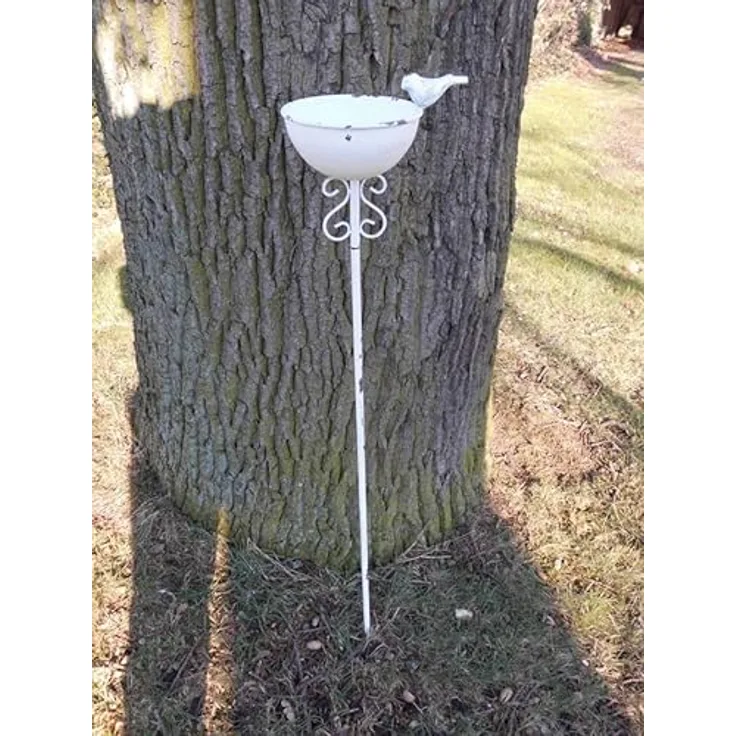 Deko-Impression Vogeltränke auf Stab Futterstelle Gartenstab Gartenstecker Eisen weiß Shabby 110