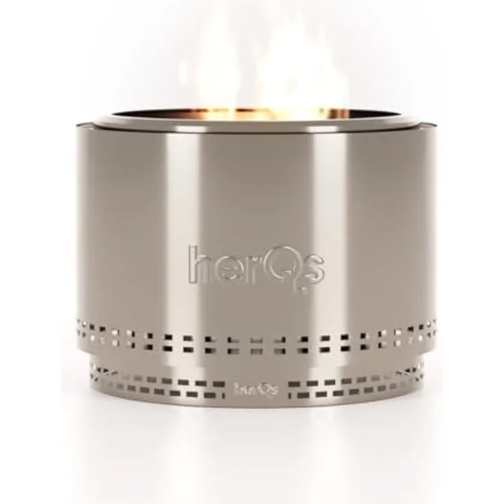 HerQs Smokeless Firepit Chief, Rauchfreie Feuerschale aus gebürstetem Edelstahl, ø68 cm für 8–12 Personen, inkl. Tragetasche und Aschenbecher