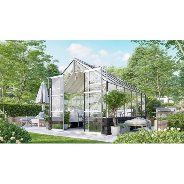 Vitavia Gewächshaus "Cassandra 9900" aluminium eloxiert 9,9 m² mit Sockelmauer in basalt, 3 mm ESG, Komfortzugang und kristallklarem Sicherheitsglas