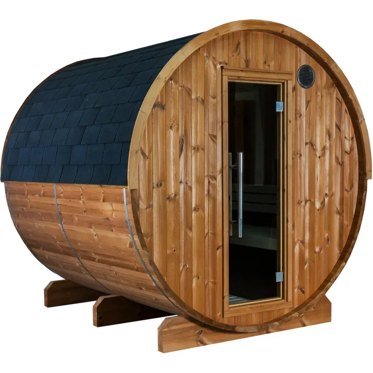 Sentiotec Fasssauna Sentiotec Kaski 220 Panorama Fasssauna aus Thermo-Kiefer, für bis zu 6 Personen, inkl. LED Licht, weiß
