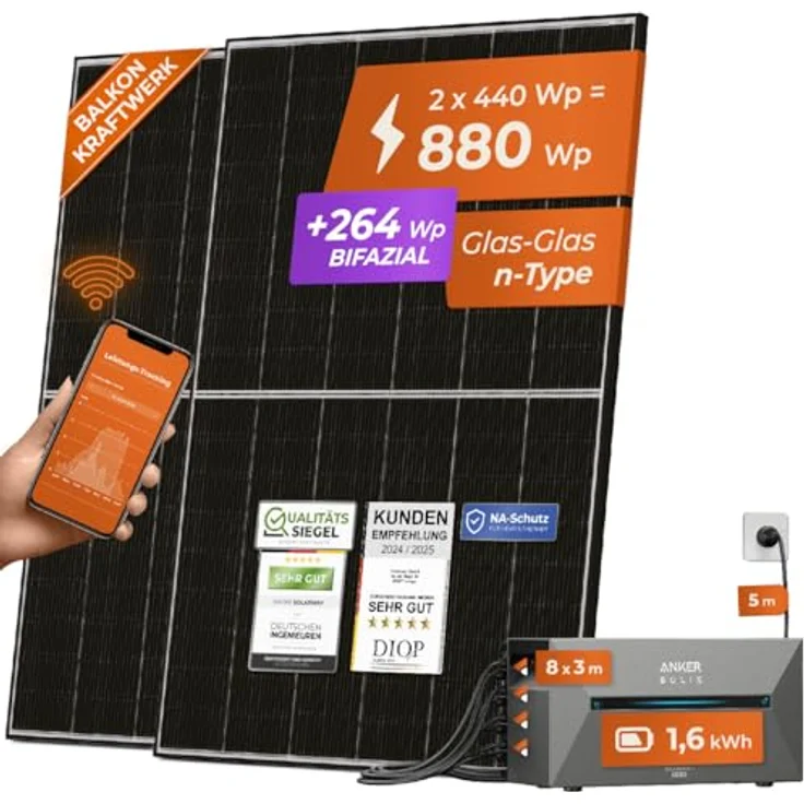 Solarway® All In One Balkonkraftwerk mit Speicher 880W + 1,6 kWh Anker Solix 2 PRO - 440W bifaziale Solarmodule & Anker Speicher & Zubehör – Bild 1