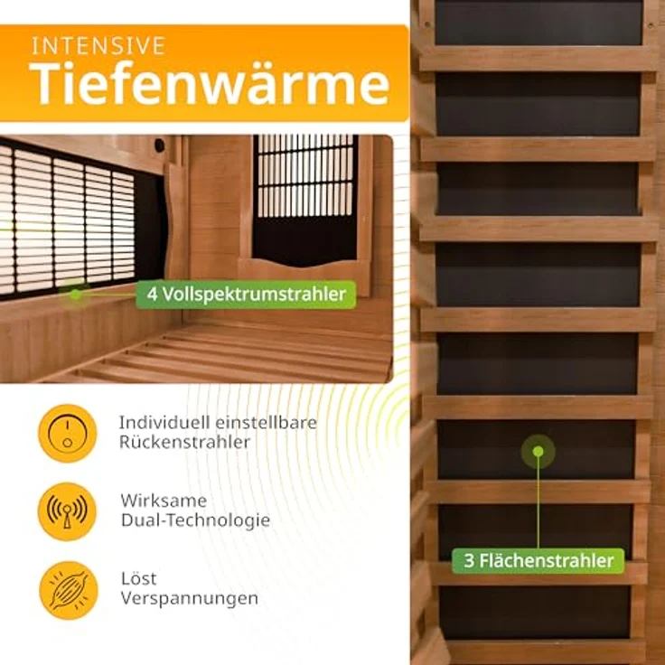 Artsauna Infrarotkabine Kiruna90 Dual Technologie, BxTxH: 90 x 90 x 190 cm, für 1 Personen, Hemlockholz, HiFi-System, Bluetooth, LED-Farblicht, Natur – Bild 3