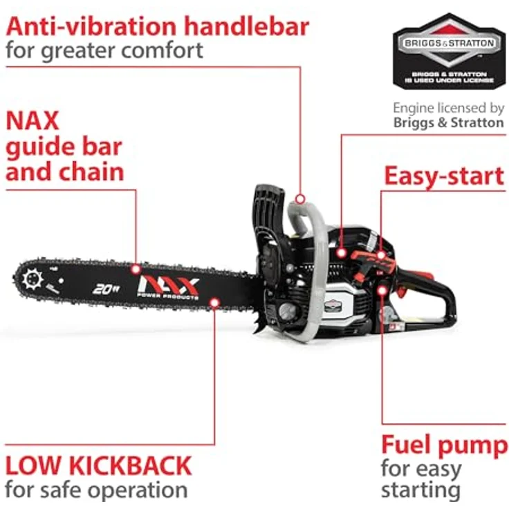 NAX POWER PRODUCTS 500C Motor 61,5 cm3 2kW Führungsschiene 20'' 50,8cm Anti-Rückschlag-System Low Kickback Briggs & Stratton Lizenzware Benzin-Säge Kettensäge, Schwarz – Bild 4