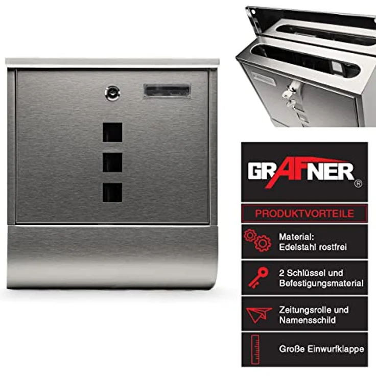 Grafner Edelstahl Briefkasten mit Zeitungsrolle und 3 Sichtfenstern + Namensschild Postkasten  – Bild 2