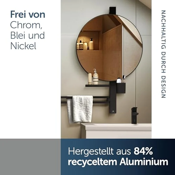 Ideal Standard Beauty Kosmetikspiegel-Set Bar L800, schwarz matt, mit höhenverstellbarer Wandhalterung und großem Kosmetikspiegel – Bild 5