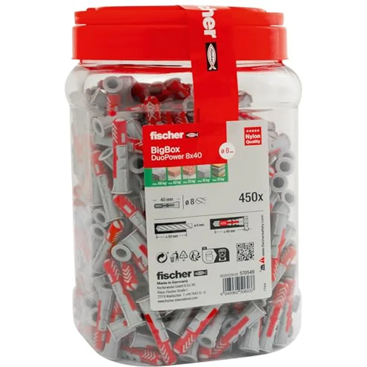 fischer DuoPower BigBox 8 x 40, Universaldübel, leistungsstarker 2-Komponenten-Dübel, 450 Stück
