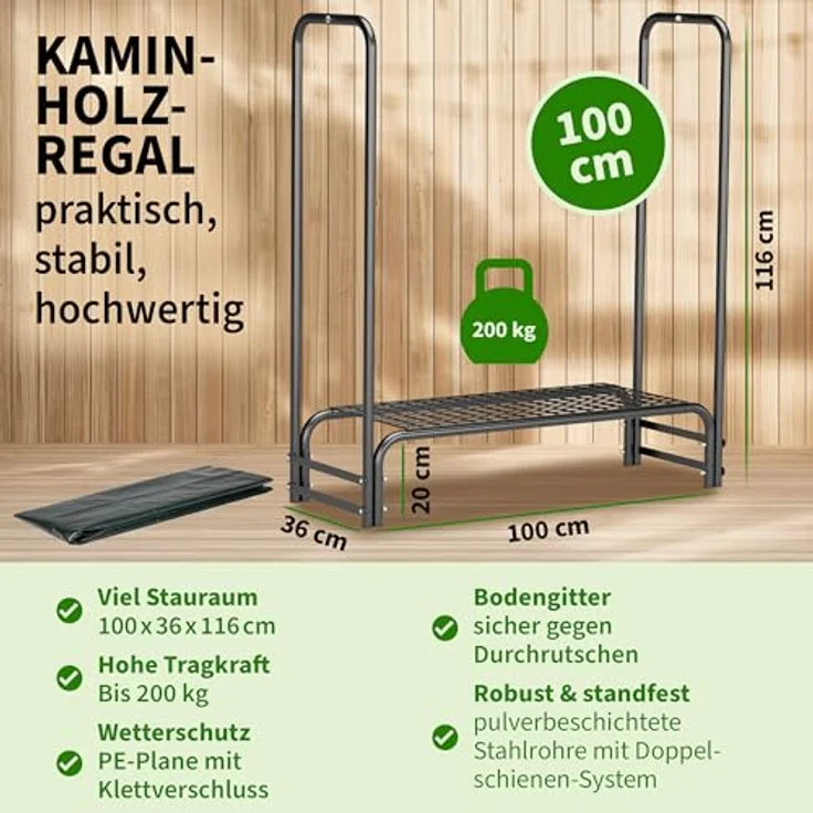 TTL GARDEN Kaminholzregal S, 100x36x116cm schwarz, wetterfeste Abdeckung, metallischer Stahlrohrrahmen, bis 200kg Holz, für innen & außen – Bild 2