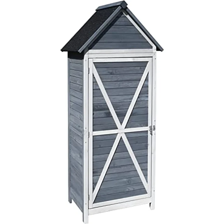 Wiltec Gartenschrank aus Holz grau 77x53x179cm mit Tür, Satteldach und Bitumenisolierung - Gerätehaus Werkzeughaus Geräteschrank Garden Storage Shed – Bild 3