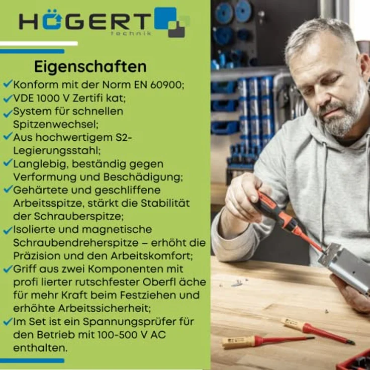 Set isolierter 1000 V-Schraubendreher mit austauschbarem Griff mit Spannungsprüferzur Erkennung von Spannung in Steckdosen. Högert HT1S997, Rot/Gelb – Bild 5