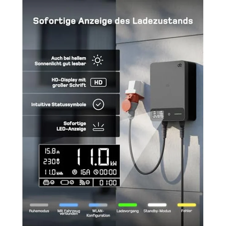 dé 11kW Wallbox mit 7.5m Kabel, App-Version, Type 2 Anschluss, RCD Typ B Sicherheitschutz, einstellbarer Ladestrom – Bild 5