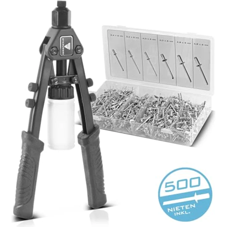 STAHLWERK Nietzangen-Set HNZ-280 ST, Blindnietzange mit 5 Wechsel-Aufsätzen und 500 Blindnieten, ergonomischer Griff für optimale Kraftübertragung – Bild 3