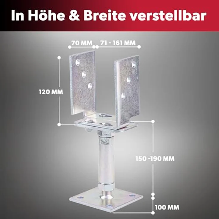 siwitec U-Pfostenträger höhenverstellbar 150 - 190 mm, verzinkt zum Aufschrauben, für Holzpfostenstärken von 71 bis 161 mm – Bild 2