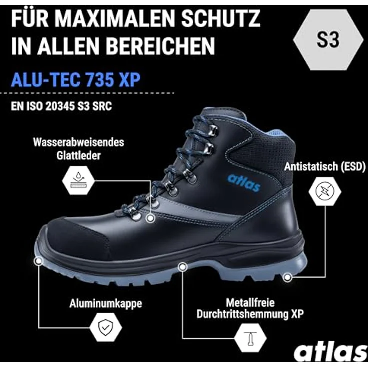Atlas Alu-Tec 735 XP ESD S3, knöchelhoher Sicherheitsschuh mit aluminiumfreier Durchtritthemmung, 3D-Dämpfungssystem, Waterproofleder, Größe 36 W10 – Bild 2