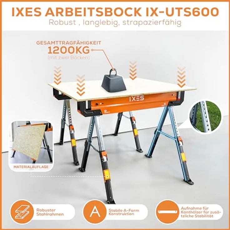 IXES Arbeitsbock höhenverstellbar | Profi Sägebock | 2 Arbeitsböcke | max. 1200 kg Traglast | Arbeitshöhe 618-820 mm | Metall Klappbock | Anti-Rutsch-Beschichtung | Metallbock, Unterstellbock - Preisvergleich – Bild 2