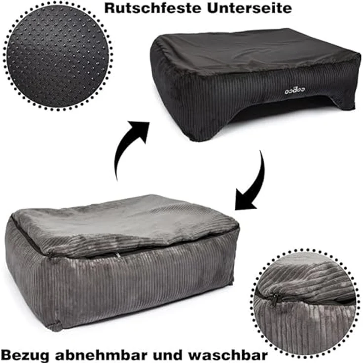 CopcoPet Hundebett Kyra in Cord Stoff S 70x55cm Schwarz/Grau - Bequemes Hundekissen mit waschbarem Bezug & erhöhten Rändern – Bild 3