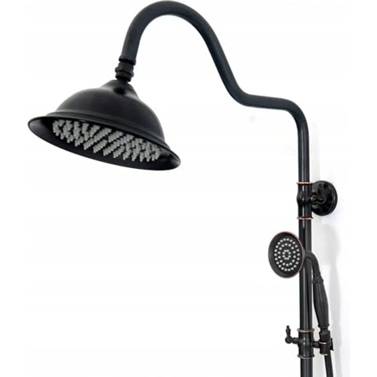 Rea Duschsystem Retro Old Black, Duschset mit Messing Duscharmatur und Kopfbrause, Anti-Kalk Düsensystem, Aufputzmontage, mattschwarz – Bild 4