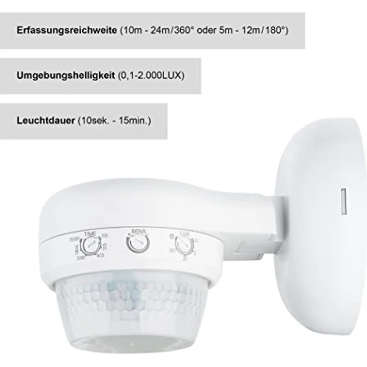 SEBSON® Bewegungsmelder Aussen IP65 - Aufputz, LED geeignet, IR Bewegungssensor programmierbar, max. 24m Reichweite / 360°, 3-Draht – Bild 2