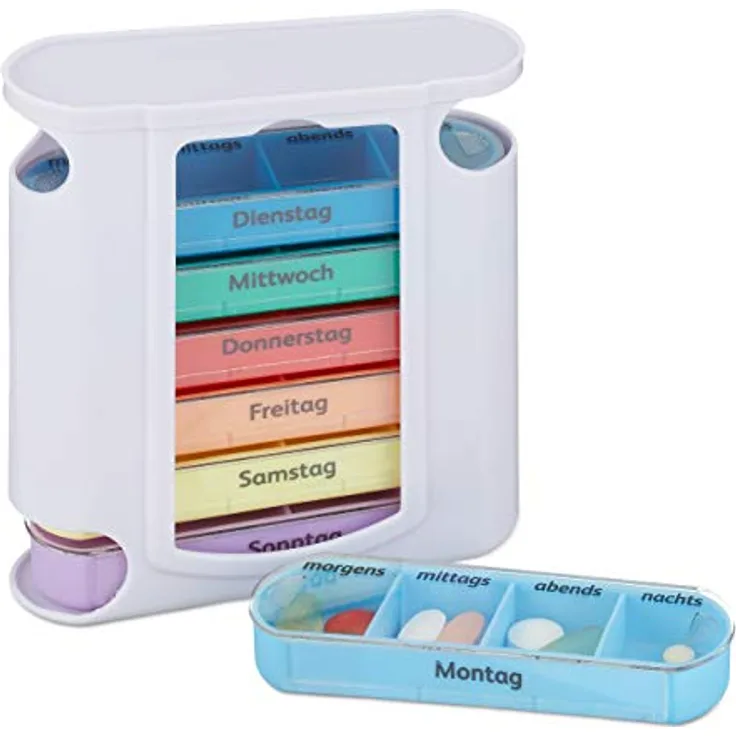Pillendose 7 Tage, wöchentliche Tablettenbox, 4 Fächer, morgens, mittags, abends, nachts, Pillenbox, weiß-bunt