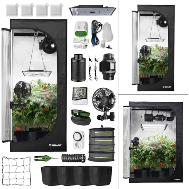 BRAST Growzelt GrowBox Komplettset 60x60x140cm, Vollspektrum LED Technologie, Belüftungs- & Bewässerungssystem, licht- und wasserdicht