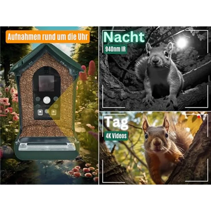 Berger & Schröter | Vogel-Futterhaus mit 1080P Kamera Solar Wassertränke 940nm IR LED Automatische Video/Fotoaufnahme Bewegungserkennung Nachtsicht, FHD 12 Megapixel, mehrsprachiges Menü, 700 mAh Akku – Bild 3