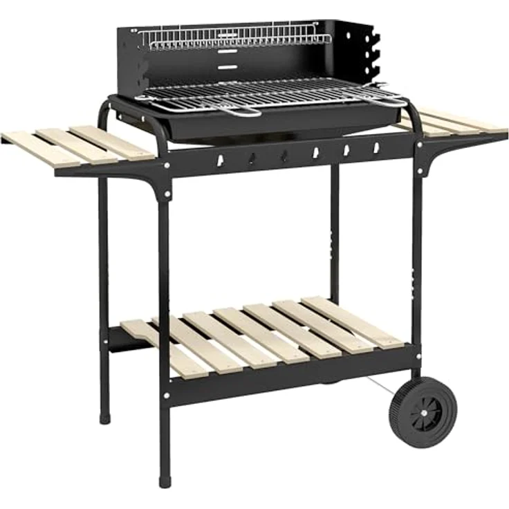 Outsunny Holzkohlegrill aus Metall BBQ Smoker mit Räder, höhenverstellbar Grillrost, Holzablage, 103x47x95 cm – Bild 1