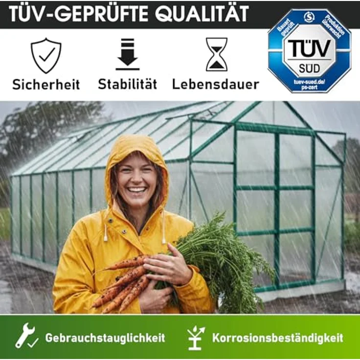 BRAST Gewächshaus Aluminium mit Fundament, 130x190x195cm, grün, 6mm Hohlkammerplatten, rostfrei, wetterfest und temperaturbeständig – Bild 3