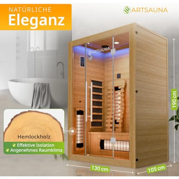 Artsauna Infrarotkabine Kiruna130 Premium Dual Technologie, Hemlockholz, Sound-System, Bluetooth, LED-Farblicht – Bild 2