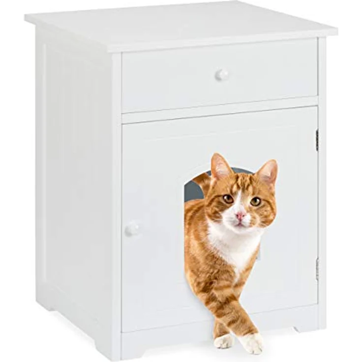 Relaxdays Katzenschrank mit Schublade, Katzenkommode Katzentoilette Holz, Katzenklo Schrank, HBT 63,5 x 52 x 48 cm, weiß – Bild 1