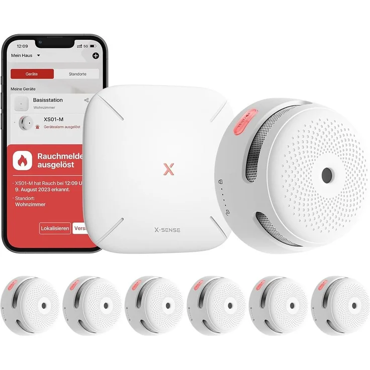 X-SENSE FS61 Smart Rauchmelder Komplett-Set, Basis + 6 Rauchmelder, weiß, 2,4-GHz-WLAN, Decken- und Wandmontage