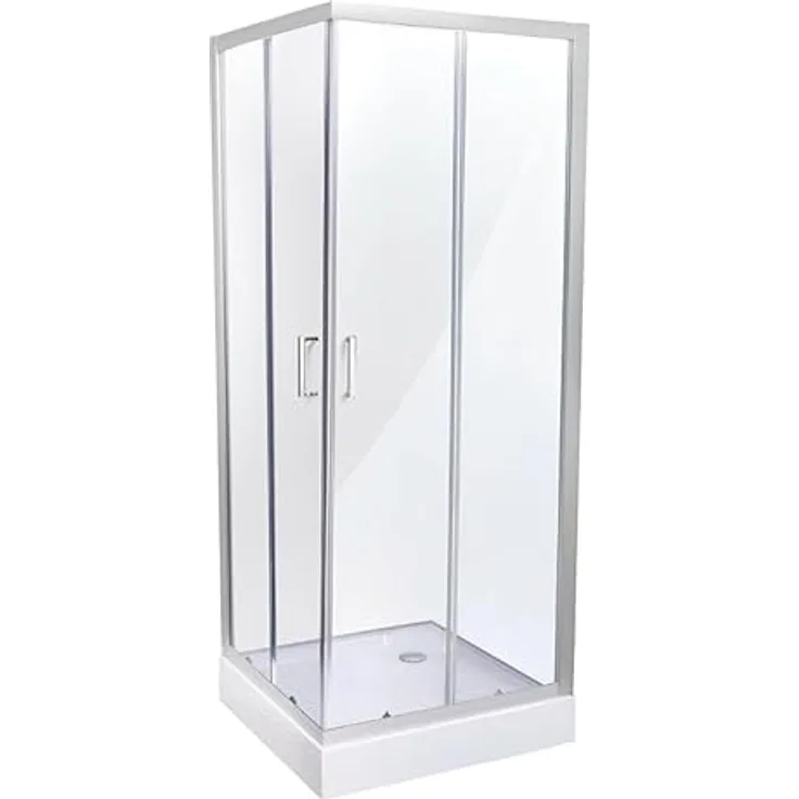 Belvit® Duschkabine Eckdusche 90x90x200 cm, Schiebetüren mit 4 mm ESG Klarglas, verchromte Profile, Antikalk Nano Beschichtung, inkl. Duschwanne und Siphon