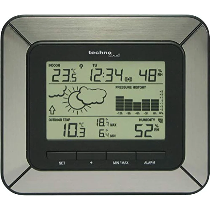 Technoline Wetterstation WS 9273-IT, Aluminium-Optik mit Wettervorhersage, 12h Luftdruckhistorie, Innen- und Außentemperatur, Weckalarm mit Schlummerfunktion – Bild 1