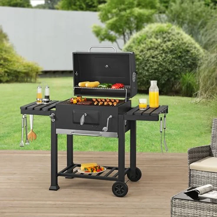casa.pro Grillwagen 'Arnad' 105x135x47,5cm Schwarz, mit integriertem Deckelthermometer und höhenverstellbarem Holzkohlebehälter – Bild 2