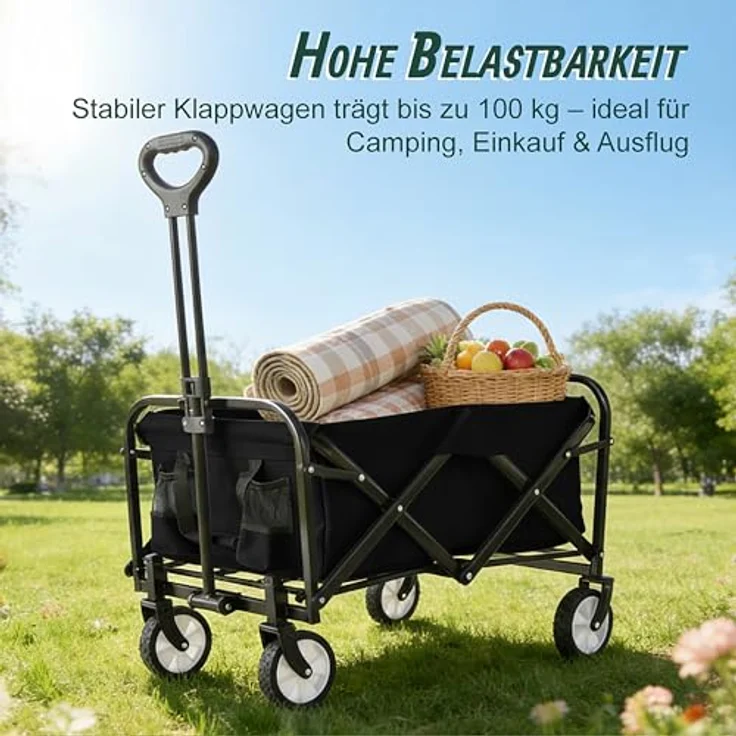 Relaxdays Bollerwagen, faltbar, Transportwagen mit 100 kg Traglast, Teleskopgriff, Oxford-Gewebe, für Einkauf, Camping und Strand, schwarz – Bild 2