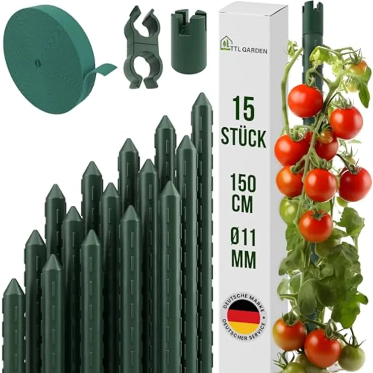TTL GARDEN Rankstäbe 15er Set, 150cm grün, aus rostfreiem Stahl, mit Klettband und Clips, optimale Rankhilfe für Tomaten, Gurken und Blumen
