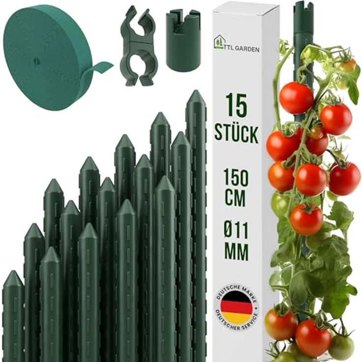 TTL GARDEN Rankstäbe 15er Set, 150cm grün, aus rostfreiem Stahl, mit Klettband und Clips, optimale Rankhilfe für Tomaten, Gurken und Blumen – Bild 1