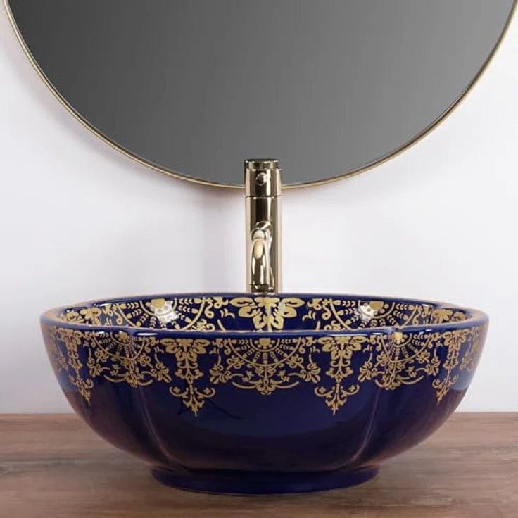 Rea Aufsatzwaschbecken Marina Blue, Badezimmerwaschbecken aus Keramik (blau/gold) – Bild 5