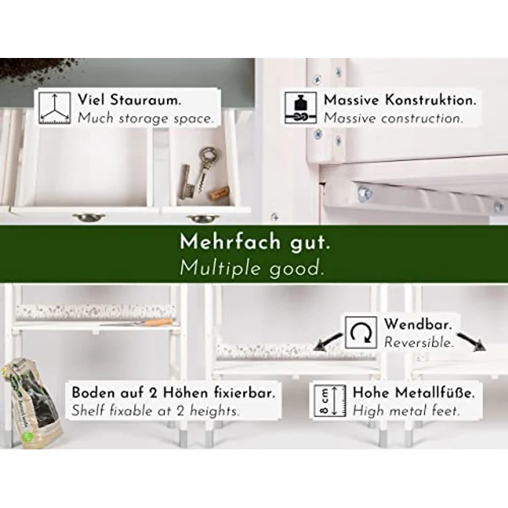 WONDERMAKE Pflanztisch groß weiß mit 3 Schubladen aus Holz wetterfest, Garten-Arbeitstisch XL, Outdoor draußen Balkon hochwertig, Gärtnertisch Umtopftisch, weiß grau – Bild 6