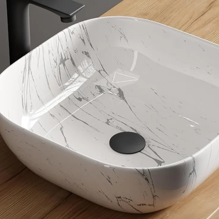 Planetmöbel Aufsatzwaschbecken Aquil, Keramik Waschbecken 42 cm, marmor weiß, quadratisch, ohne Hahnloch und Überlauf – Bild 7