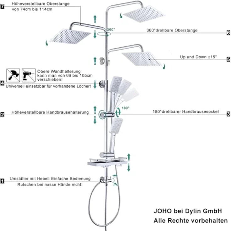 JOHO Edelstahl Duschsystem mit Regendusche 20x20 cm, Chrom, höhenverstellbar, inkl. Handbrause mit 3 Strahlarten – Bild 5