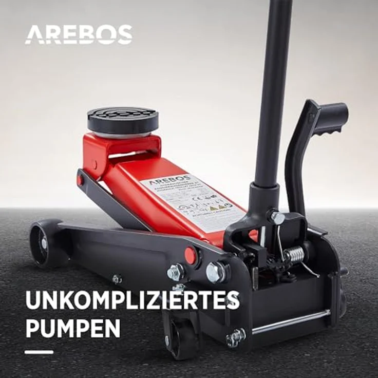 AREBOS 3T Hydraulischer Rangierwagenheber mit integriertem Fußpedal, Unterfahrhöhe 130-508 mm, inkl. 2 Gummi-Auflagen, 360° Rollen – Bild 7