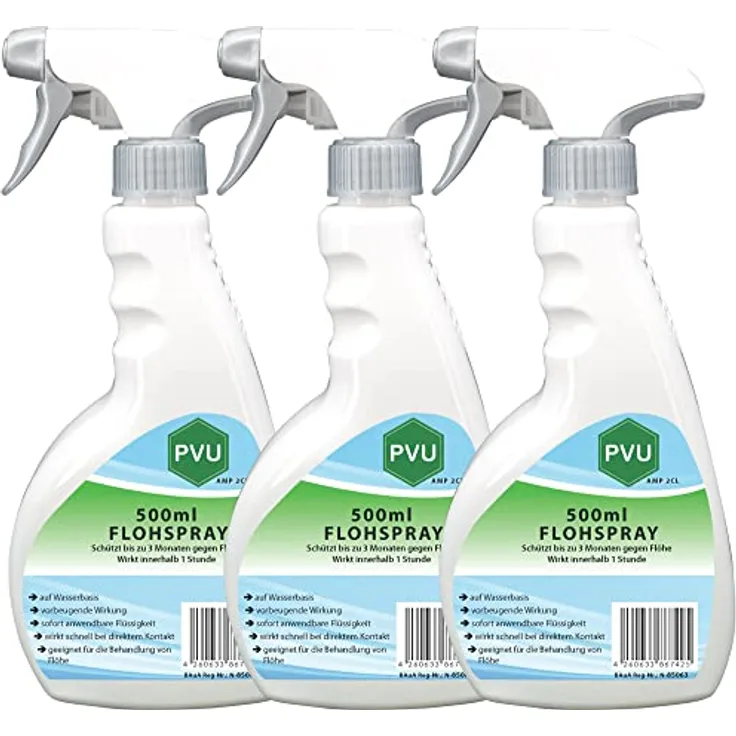 Pvu Floh Spray 3x500ml - Langzeitwirkung gegen Flöhe & Tierflöhe Innen und Außen auf Wasserbasis